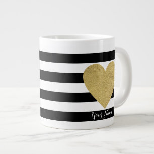 Caneca De Café Grande Stripes Pretas e Brancas com Coração de Folha Ouro