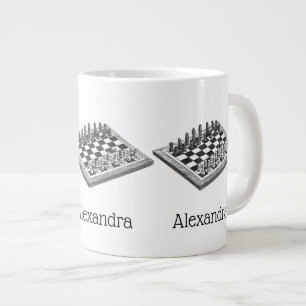Caneca De Café Grande Tabuleiro de Xadrez e Peças de Xadrez Arte Vintage