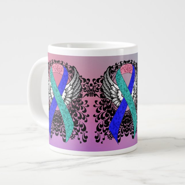 Caneca De Café Grande Teal/Rosa/Fita Azul com Asas (Frente Esquerda)