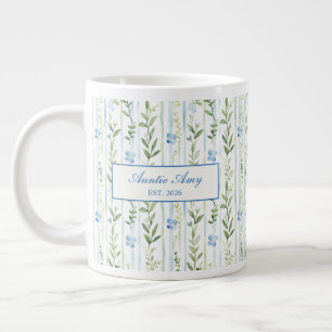 Caneca De Café Grande Tia Estabelecida Aquarela Azul Floral Listrada