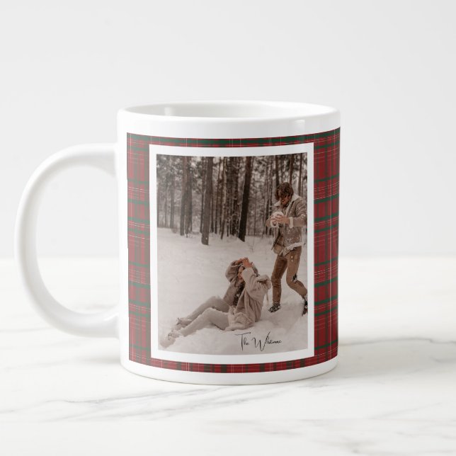 Caneca De Café Grande Trendy Red Plaid Rustic 2 Photo Christmas Gift (Esquerda)