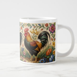 Caneca De Café Grande Três galos em um jardim florido