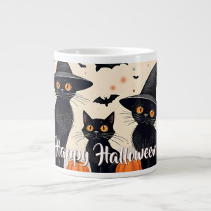 Caneca De Café Grande Três Gatos Pretos com Chapéus no Halloween