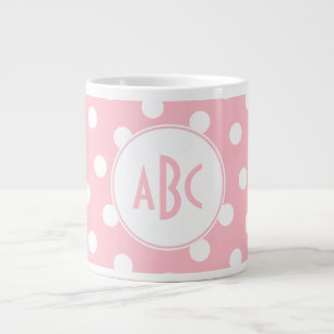 Caneca De Café Grande Três Letras - Bolinhas brancas e cor-de-rosa monog