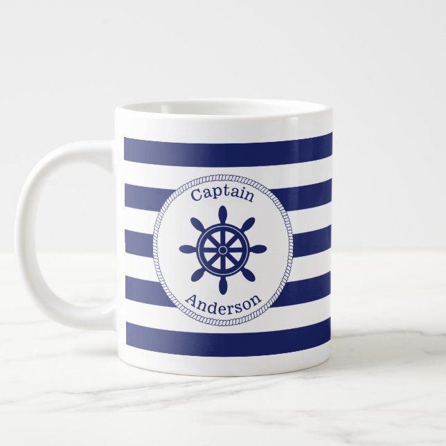 Caneca De Café Grande Trilha Azul de Roda do Capitão Náutico Monograma (Esquerda)