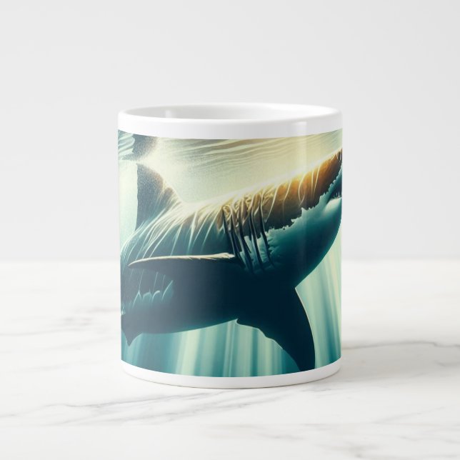 Caneca De Café Grande Tubarão no mar azul profundo e luz solar (Frente)