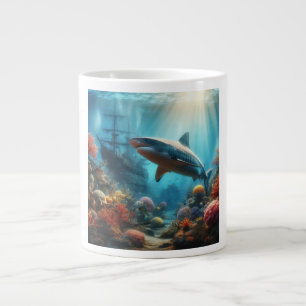 Caneca De Café Grande Tubarão-tigre costeiro/naútico & recife de coral