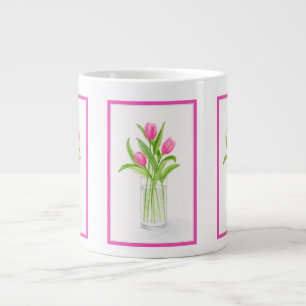 Caneca De Café Grande Tulipas em Água Pintada Floral de Aquarela