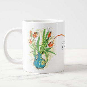 Caneca De Café Grande Tulipas vermelhas em Primavera azul