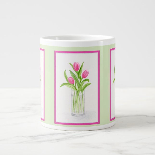 Caneca De Café Grande Tulips in Water Handpainted Watercolor  (Frente)