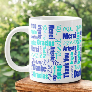 Caneca De Café Grande Turquesa Azul Multilíngue Obrigado Tipografia