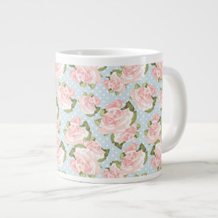 Caneca De Café Grande Um lindo padrão de rosa com bolinhas azuis