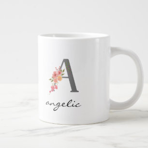 Caneca De Café Grande Um Monograma Floral Prateado em Carta Vermelho Rox