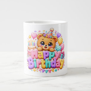 Caneca De Café Grande Ursa de pelúcia fofa Kawaii Feliz Aniversário Rosa