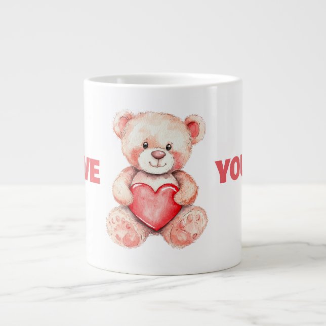 Caneca De Café Grande ursinho de aquarela fofo com coração vermelho (Frente)