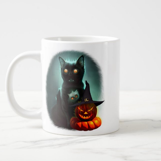 Caneca De Café Grande Vampiro Gato e Mágico Pumpkin Halloween Surreal (Esquerda)