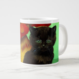 Caneca De Café Grande Van Gogh Black Kitten Red Flowers