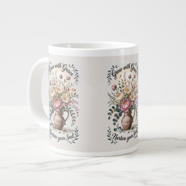Caneca De Café Grande Vase Com Florais Cresce Com A Citação Da Graça (Frente Esquerda)