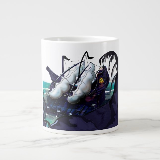 Caneca De Café Grande Velho Navio Pirata Atracado (Frente)