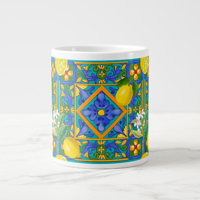 Caneca De Café Grande Verão, azulejos sicilianos, citrinos, laranjas, ma (Frente)