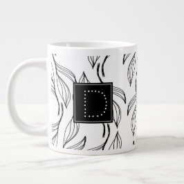 Caneca De Café Grande Verde Botânico Floral Preto e Branco Monograma