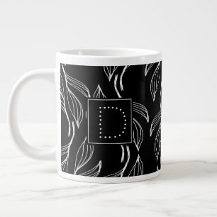 Caneca De Café Grande Verde Botânico Monograma Floral Preto e Branco