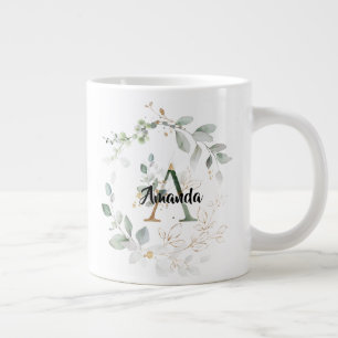 Caneca De Café Grande Verde Chic & Monograma Dourado "A" inicial com nom