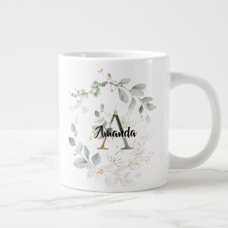 Caneca De Café Grande Verde Chic & Monograma Dourado "A" inicial com nom