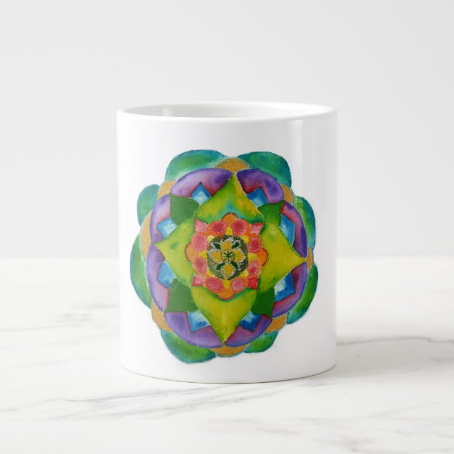 Caneca De Café Grande Verde Mandala Watercolor Pintura Osso China Mug (Frente)