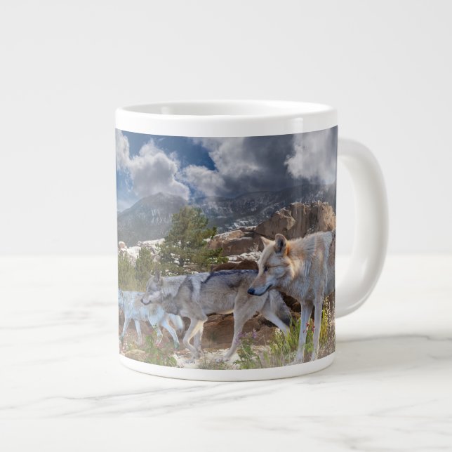 Caneca De Café Grande Viagem Familiar de Lobos cinzas (Frente Esquerda)
