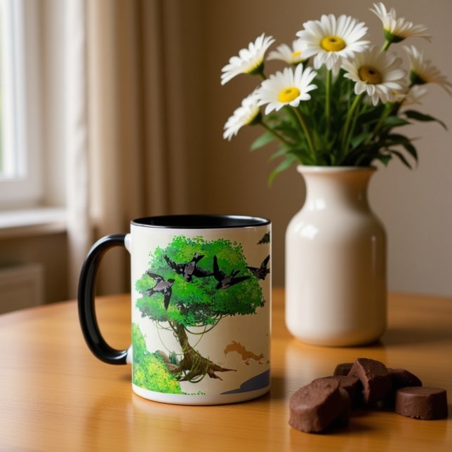 Caneca De Café Grande Vida da Floresta de Primavera com Pássaros e Esqui (Criador carregado)