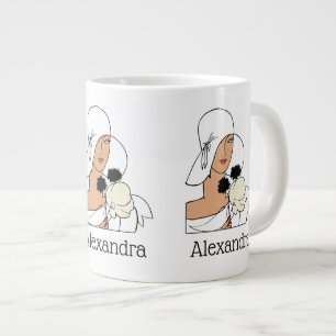 Caneca De Café Grande Vintage Art Deco Mulher com Flores Vestindo Chapéu