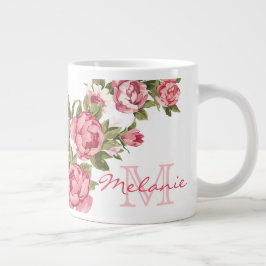 Caneca De Café Grande Vintage blush roses rosa Nome de párias, monograma