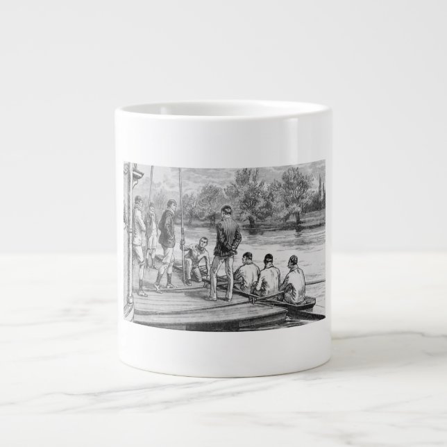 Caneca De Café Grande Vintage Crew Rowers no barco no cais (Frente)