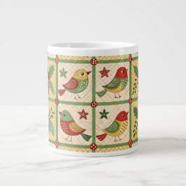 Caneca De Café Grande Vintage Folk Art Christmas Birds & Holly Berry