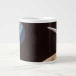 Caneca De Café Grande Vintage Science Fiction, Rocket Ship Over the Moon<br><div class="desc">Vintage ilustra viagem futurista e transporte Ciência Ficção imagem espacial. Um design de estilo quadrinho retrô sci fi apresentando uma nave-fogueira voando no espaço sobre a lua e voltando para a Terra do planeta no futuro.</div>