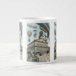 Caneca De Café Grande Vintage Science Fiction, Victorian Steam Punk City<br><div class="desc">Imagem de viagem de ilustração venenosa e de transporte de ficção científica futurista apresentando pessoas viajando por dirigíveis,  balões de ar quente,  um trem invertido e um antigo automóvel convertível em uma metrópole vitoriana,  punk a vapor,  retrógrada à metrópole urbana.</div>