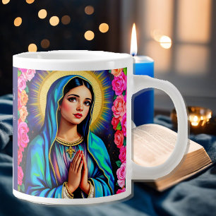 Caneca De Café Grande Virgem Mary Prayer Rosa Floral Blue Café