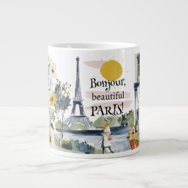 Caneca De Café Grande Watercolor Bonjour Beautiful Paris