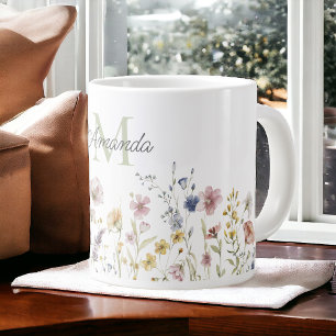 Caneca De Café Grande Watercolor Flores Selvagens Boho Na moda com Monog