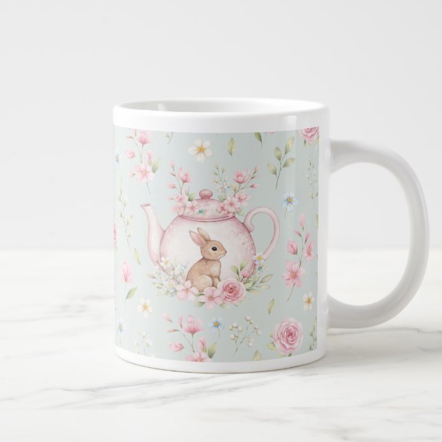 Caneca De Café Grande Whimsical Bunny Teapot Floral Spring  (Direita)