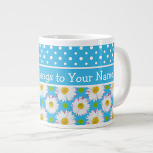 Caneca De Café Grande White Daisies e Bolinhas no Sky Blue