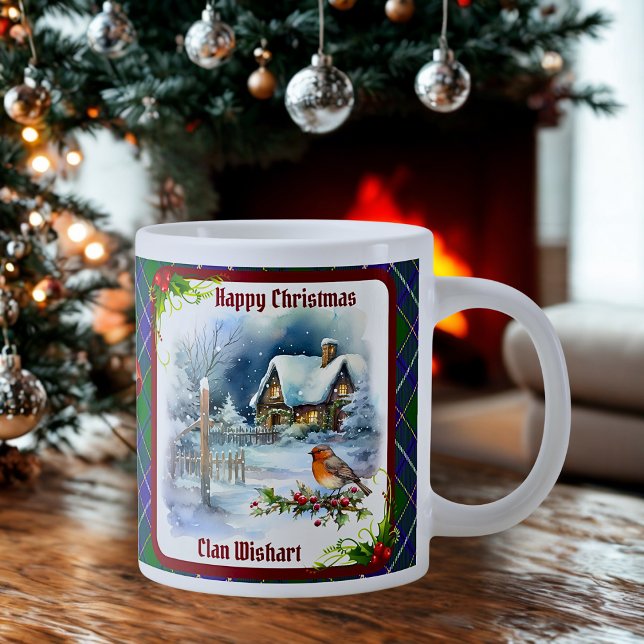Caneca De Café Grande Wishart Tartan & Robin Christmas Personalized (Criador carregado)
