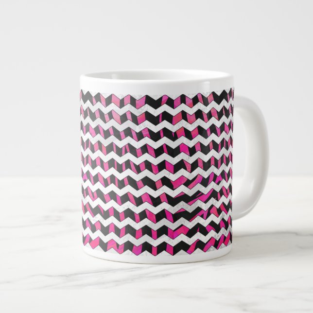 Caneca De Café Grande Zebra Chevron Preto e Rosa Quente (Frente Esquerda)