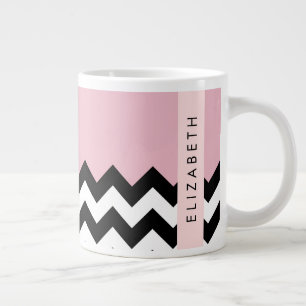 Caneca De Café Grande Zigzag preto-e-branco, Chevron, rosa, seu nome