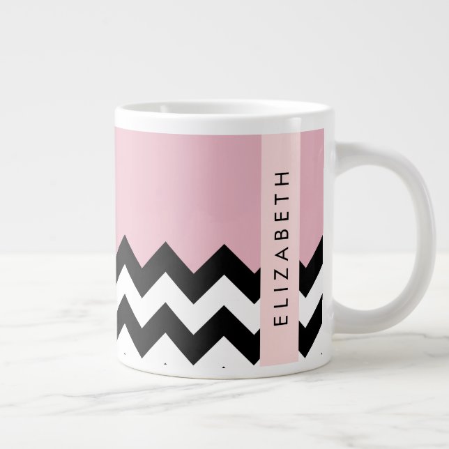 Caneca De Café Grande Zigzag preto-e-branco, Chevron, rosa, seu nome (Direita)