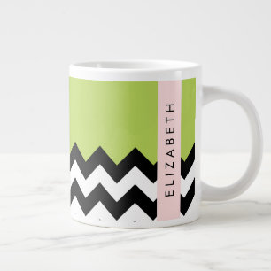 Caneca De Café Grande Zigzag preto-e-branco, Chevron, verde, seu nome