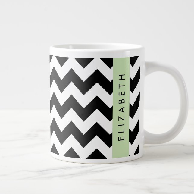 Caneca De Café Grande Zigzag preto-e-branco, padrão Chevron, seu nome (Direita)
