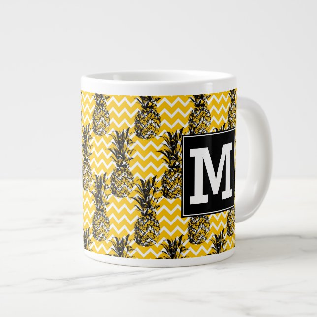 Caneca De Café Grande Zigzags de abacaxi| Monograma (Frente Esquerda)