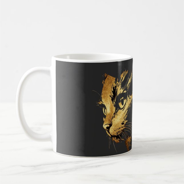 Caneca De Café Graphique Élégant Chat Noir et Or Texturé (Esquerda)